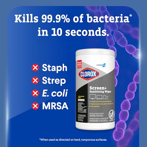 CloroxPro Clorox Screen+ Sanitizing Wipes, Disinfecting Wipes for Electronics, Gentle on Phones, Tablets, LCD Screens, Laptops and Sensitive Surfaces, Citrus Blend Scent, 1 Canister, 75 Wipes, 6 Pack - size: 75 Count (Pack of 6)
