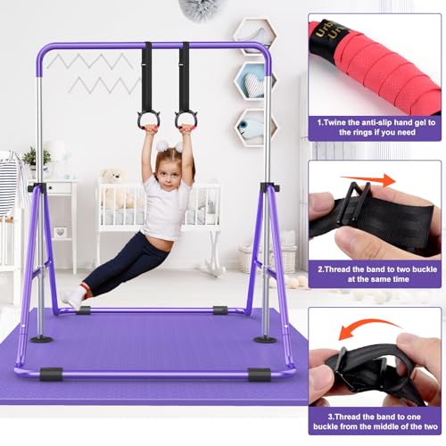 RINREA Gymnastic Bars for Kids, Adjustable Height Horizontal Bar for Home | 5-Height 35"-51", Foldable & Space-saving, Indoor Outdoor Training Kip Bar, with Gymnastics Rings & Gymnastics Pad - color: Purple with Mat
