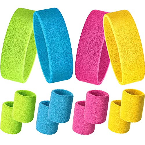12 Pcs Sweatbands Set Neon Colors Headbands and Wristbands for Men Women Moisture Wicking Sweat Absorbing Workout Cotton Headbands 80s 90s Party - color: Rose Red, Fluorescent Yellow, Sky Blue, Light Yellow