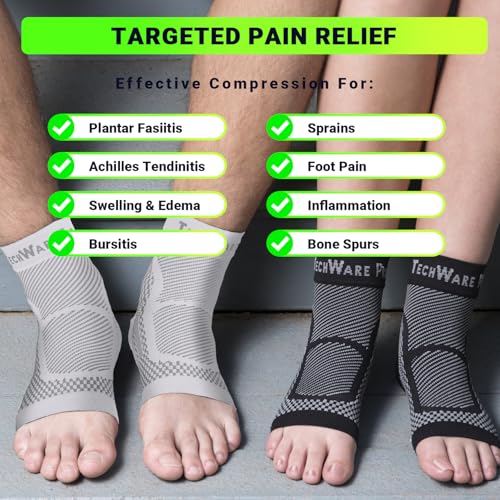 TechWare Pro Ankle Brace Compression Sleeve - Plantar Fasciitis Sock. Relieves Achilles Tendonitis. Foot Arch Support Reduces Joint Pain, Swelling & Heel Spur Pain. Injury Recovery Braces for Sports - color: Black/Gray, size: S / M (see size chart)