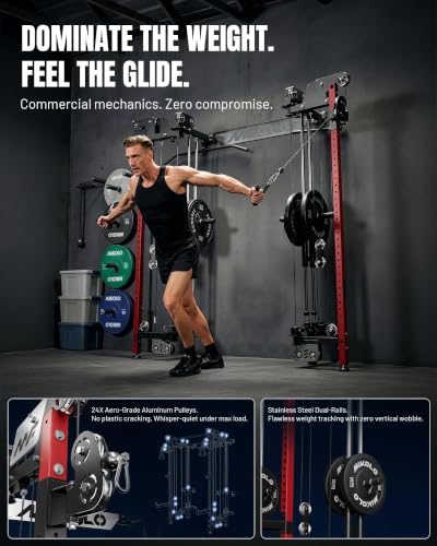 Mikolo Folding Squat Rack, Wall Mounted Power Rack with Cable Crossover Machine & LAT Pull Down, Functional Trainer with 5 Adjustable Function Modes, Home Gym Package - color: Red, size: WR02 Selector (100LB Weight Stack)