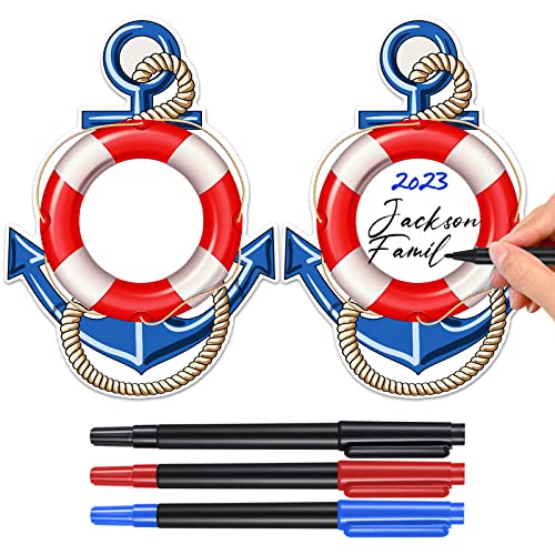 Sherr 2 Pcs Cruise Door Magnets for Cruise Ship Door Decorations with 3 Pcs Paint Pens Anchor Car Magnets Life Buoy Stickers Nautical Ship Fridge Refrigerator Decor for Carnival
