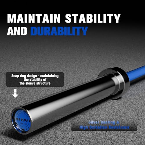 RitFit Elite 7ft Olympic Barbell, Robust 45lb Barbell for Weightlifting and Powerlifting, Superior Olympic Bar with Exceptional 500lbs Load Capacity, Weight Bar for 2” Standard Plates - color: Silver/Blue, size: 6.6 ft 900 lb 33 lb without Collar