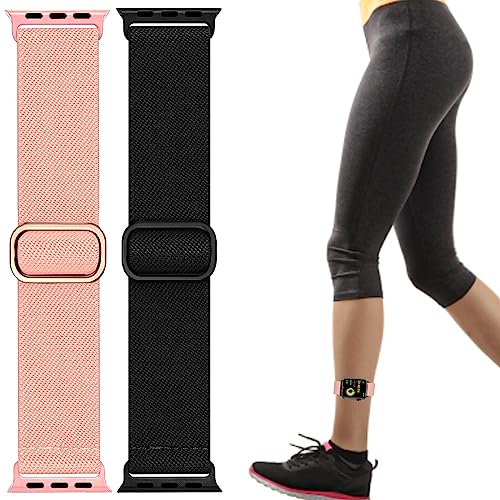 Elastic Ankle/Arm Band Compatible for Apple Watch 49/46/45/44/42/41/40/38mm | Breathable Nylon Ankle Strap Armband for Women Men, Fits iWatch SE Ultra Series 11 10 9 8 7 6 5 4 3 2 1 - color: Black Pink, size: 38/40/41/42(series 11 10)