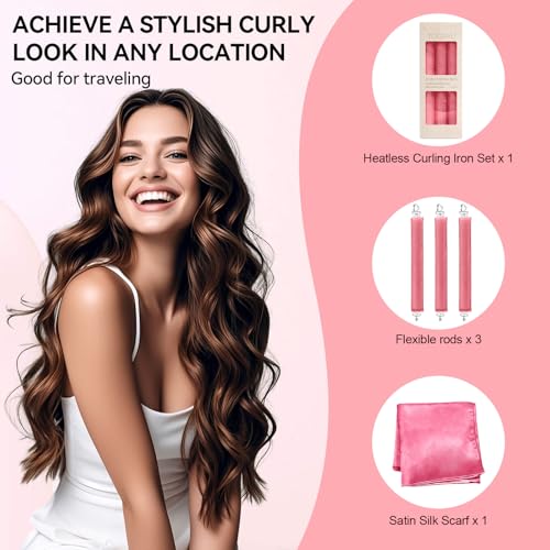 Heatless Curls Overnight Hair Care Set - Jumbo Velvet Hair Curlers | No Heat Hair Rollers for Women, Comfortable Sleep-In Hair Rollers with Satin Scarf, No Heat Damage Curling Rods for All Hair - color: Pink-6PCS