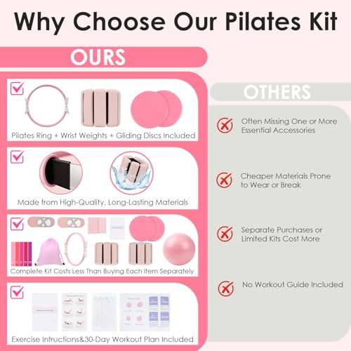 16 PCS Pink Pilates Ring and Ball Set for Women with 15" Magic Circle, Home Pilates Equipment Kit with Adjustable 1LB Ankle Wrist Weight, Resistance Band, Gliding Discs, Pilates Essentials Accessories