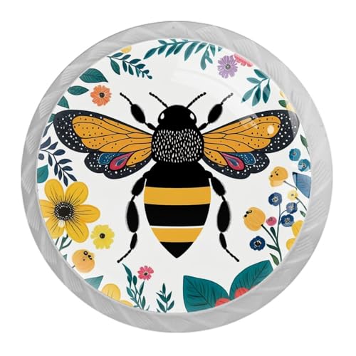 4 Pack White Cabinet Knobs Round Drawer Pulls, Bee Floral Drawer Handles, Kitchen Hardware for Dresser Drawers Closets Cupboard Bathroom Bedroom Home Decor - color: Bee Floral