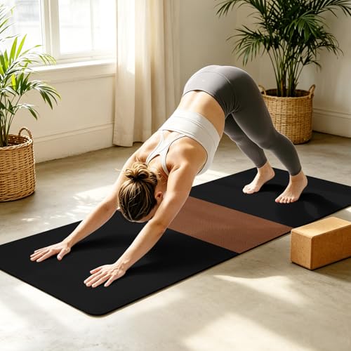 Yoga Mat Brown Black Non Slip Exercise Mat with Carrying Strap and Storage Bag Boho Style Fitness Mat for Yoga, Pilates, Stretching and Floor Workouts - color: Black, size: 72x24in