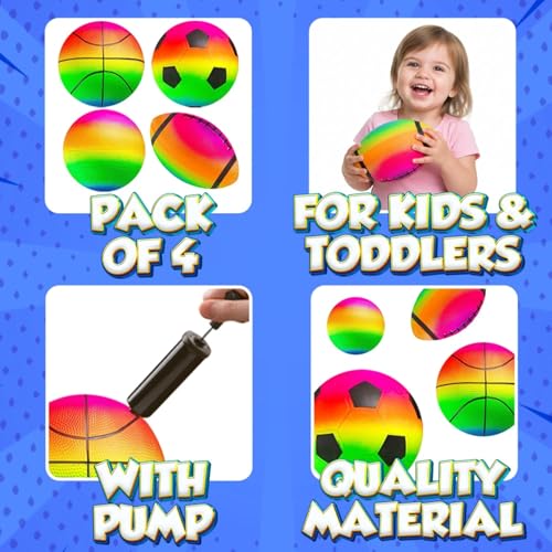 PlayBolt Sports Ball Set (4 Pack) - 5-Inch Rainbow Mini Basketball, Soccer, Football & Playground Balls w/Hand Pump - Fun Indoor Outdoor Toys for Toddlers, Little Kids, Preschoolers & Early Play - color: Rainbow, size: 5-Inch