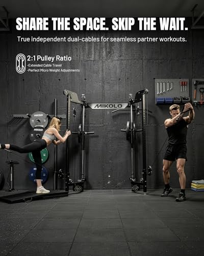 Mikolo Folding Squat Rack, Wall Mounted Power Rack with Cable Crossover Machine & LAT Pull Down, Functional Trainer with 5 Adjustable Function Modes, Home Gym Package - color: Black, size: WR02 Pro-Forge (Rack Only)