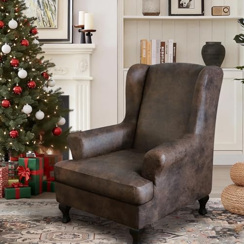 ANARACHON Leather Look Wingback Chair Covers, 2-Piece Wing Chair slipcover,Stretch Wing Back Armchair Slipcovers with Elastic Bottom, Soft Spandex FurnitureProtector for Living Room (Brown #2) - color: Brown #2