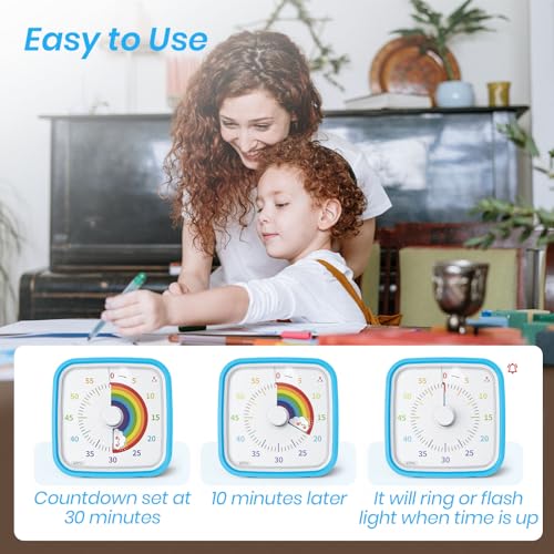 Yunbaoit Rainbow Visual Timer for Kids, 60-min Countdown Timer, Blue | Protective Case, No Ticking, Mute and Ringing Alarm Available, Time Management Tool, Low Power Reminder, for Study,Game,Work - color: Blue Rainbow