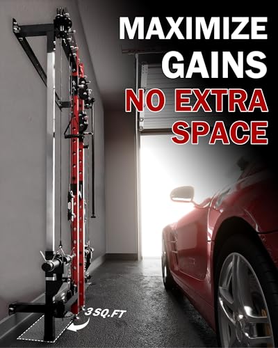 Mikolo Folding Squat Rack, Wall Mounted Power Rack with Cable Crossover Machine & LAT Pull Down, Functional Trainer with 5 Adjustable Function Modes, Home Gym Package - color: Red, size: WR00 SlimFold (Rack Only)