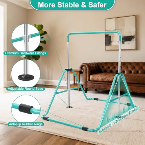 SHIWEI Gymnastics Bar for Kids, Gymnastic Kip Bar 5-Height Adjustable Home | Foldable, Indoor Outdoor Use, 140lb Capacity, for Ages 3-8, with Gymnastics Rings, Anti-Slip & Space-Saving Design - color: Green