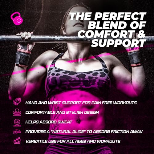 JerkFit WODies Gymnastics & Weightlifting Grips with Wrist Wraps – 3 Hole Versatile Gym Gloves for Pull Ups, Gym Training & Cross Training – Hand Grips Palm Protector for Men & Women - color: Pink, size: Large 4”- 4.75”
