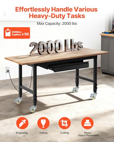 VEVOR Adjustable Workbench on Wheels, 2000 lbs Capacity, 60 x 24 Inch Oak Wood Top Workbench with Drawer & Power Outlets, Heavy-Duty Hardwood Worktable for Garage, Workshop, Home, Office, Commercial - size: Drawer Storage│Universal Wheels│60"x24"