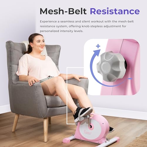 Sunny Health & Fitness Smart Under-Desk Bike Exerciser, Low-Impact Cardio Cycling Equipment for Home/Office, Mini Paddler for Arm/Leg Mobility Training, Free SunnyFit App - color: Pink