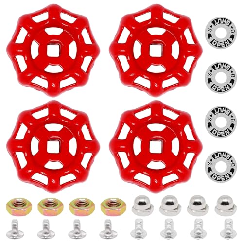 4 Pack Outdoor Faucet Handle, 6mm x 6mm (15/64" x 15/64") Square Stem Hole Faucet Handle Replacement, Cast Iron Round Wheel Water Spigot Handles Replacement with Screws Spacer (Red) - color: Red, size: 6mm x 6mm (4pcs)