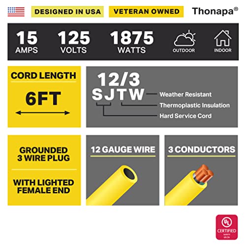 Thonapa 12 Gauge Extension Cord 6 Ft Outdoor - 12/3 Heavy Duty, Lighted End | SJTW Yellow Cable, 3 Prong, Grounded Plug, For Job Sites, Garden & Major Appliances - color: Yellow, size: 6 Foot