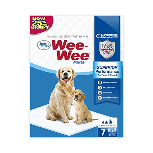 Four Paws Wee-Wee Superior Performance Dog Pee Pads, 7 Count | Quilted leak-proof puppy pads, dog housebreaking & potty training, 24-hour floor protection, pet supplies, 22" x 23" - size: 7 Count