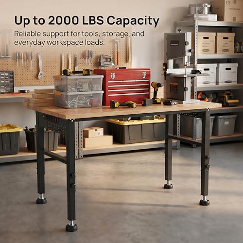 48" Workbench with Footpads, Adjustable Height Work Bench with Rubberwood Top, Built-in Power Outlet with 4 AC Outlets and 2 USB Ports, 2000 LBS Capacity for Garage, Workshop and Home