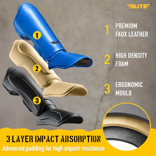 Elite Sports Muay Thai MMA Kickboxing Boys and Girls Shin Guards for Age 4 to 14 Years, Instep Guard Sparring Protective Leg Shin Kick Pads for Kids - color: Blue, size: Medium