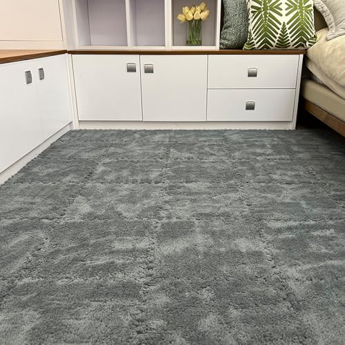 Thickened Soft Plush Foam Interlocking Floor Carpet Mat, 24 Pcs 12x12x0.4 Inch Fluffy Square Puzzle Foam Carpet Tiles with Edgings(Color:Dark Gray) - color: Dark Gray