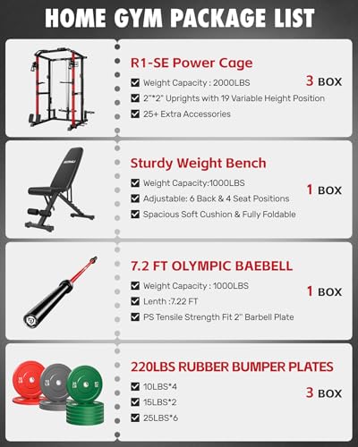 RH01 Power Cage Rack, 2000LBS Squat Rack with with Cable Crossover System&LAT Pull Down System, Multi-Function Workout Cage for Home&Garage Gym - color: Red-SE, size: RH01 Power Cage with 220LB C Weights