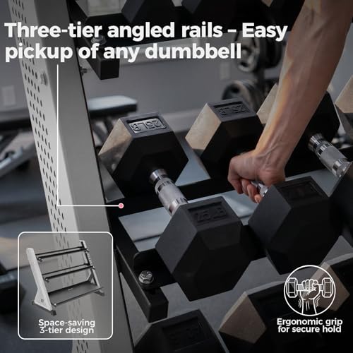 RitFit Rubber Hex Dumbbell Set with 3-Tier Dumbbell Rack,350-780LB Hand Weight Set with Anti-Slip Grip,1000LB Capacity Heavy Duty Steel Weight Storage Rack for Home Gym - color: Silver