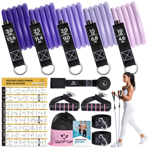 Resistance Bands with Handles for Women, 5 Level Exercise Bands Workout Bands for Physical Therapy, Yoga, Pilates, Door Anchor, Storage Pouch - color: Purple
