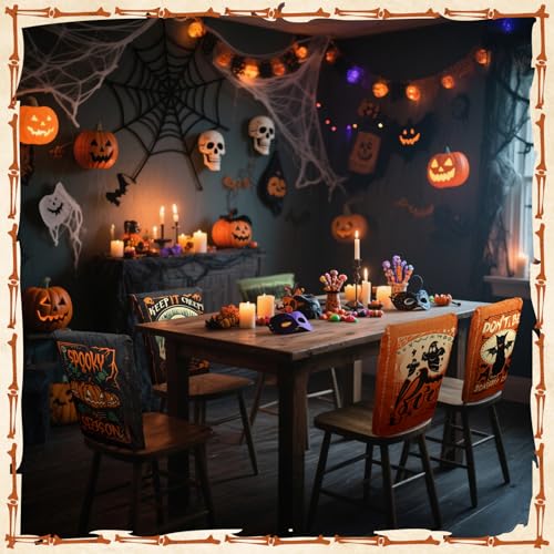 Moukeren 6 Pcs Halloween Chair Cover Set Gothic Halloween Decor Stretch Dining Chair Back Covers Witch Skeleton Pumpkin Black Cat Bat Seat Covers Farmhouse Dining Seat Protector for Home Kitchen Decor - style: Terrifying
