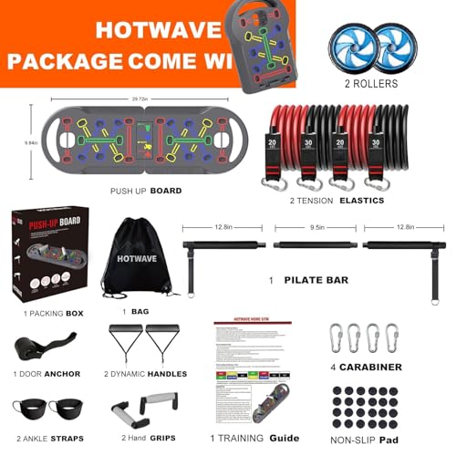 HOTWAVE Portable Exercise Equipment with 16 Gym Accessories,20 in 1 Push Up Board Fitness,Resistance Bands with Ab Roller Wheel,at Home Workout for Men