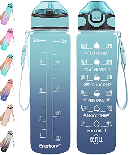 Enerbone 32 oz Drinking Water Bottle with Times to Drink and Straw, Motivational with Carrying Strap, Leakproof BPA & Toxic Free, Ensure You Drink Enough Water for Fitness Gym Outdoor - color: Green-Blue