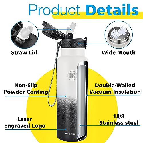 Han's Bottle Sports Water Bottle - 24 Oz, Straw Lid, Leak Proof, Vacuum Insulated Stainless Steel, Double Walled, Thermo Mug,White & Black - color: White & Black, size: 24 Ounces
