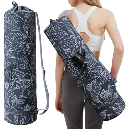sportsnew Yoga Mat Bag with Water Bottle Pocket & Wet Pocket for Women | Yoga mat carrier fits 1/8"-3/8" yoga mats, quick-access multi-pocket organization, lightweight for gym, Pilates & studio - color: Blue Leaf, size: Medium