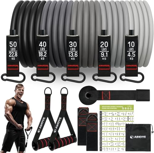 Aihoye Resistance Bands for Working Out, Exercise Bands with Handles, Stretch Bands for Exercise, Workout Bands with Door Anchors for Physical Therapy & Strength Training - color: 10-150LB Set (12Pcs) Black Gradient
