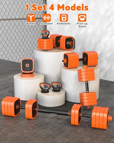 Rendpas Adjustable Dumbbell Set of 2 with Connector, 45/65/85 lbs Free Weights, 4-in-1 Barbell Kettlebell Push Up Stand Home Gym for Men Women - color: 85LB-orange