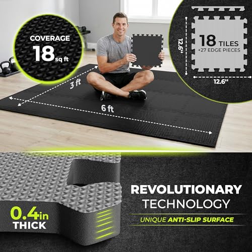 bemaxx Gym Mats Set - 18 pcs EVA Interlocking Foam Floor Tiles (12.6"x12.6"x0.4") 18sqft Protective Gym Flooring Sports Home Workout Exercise Mats Puzzle Garage Fitness Play-Room Pool Treadmill Bike - color: Anthracite-grey | 2-side Antislipx, size: 18 Ti