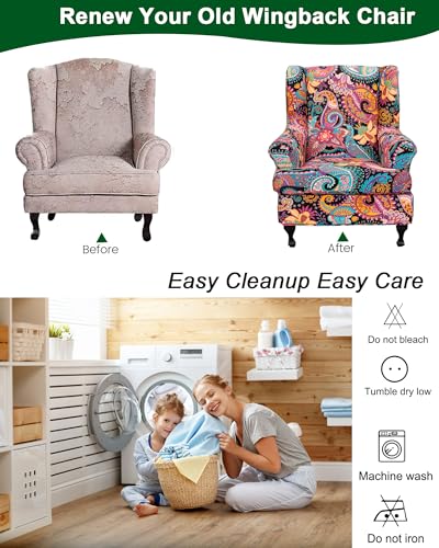 CRFATOP 2 Piece Stretch Wingback Chair Cover Printed Wing Chair Slipcovers Spandex Fabric Wingback Armchair Covers with Elastic Bottom for Living Room Bedroom Wingback Chair,C13 - color: Color C13
