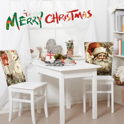 Moukeren 6 Pcs Christmas Chair Cover Set Stretch Dining Chair Back Covers Vintage Christmas Santa Claus Elk Slipcovers Farmhouse Removable Elastic Seat Protector for Xmas Party Kitchen Home Decor - style: Modern