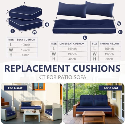 Chunful Set of 5 Outdoor Bench Cushions Set 44 x 19 Inch Tufted Waterproof Patio Furniture Seat Pad with Throw Pillows Loveseat Cushion for Square Settee Indoor Sofa Wicker Couch(Navy Blue) - color: Navy Blue