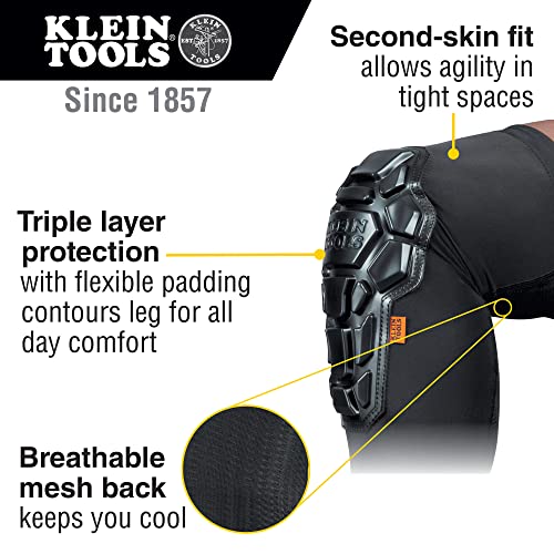 Klein Tools 60611 Knee Pads, Heavy Duty Padded Knee Sleeves, Breathable Mesh Back, Elastic Cuff with Slip-Resistant Silicone, Black, L/XL - size: L/XL