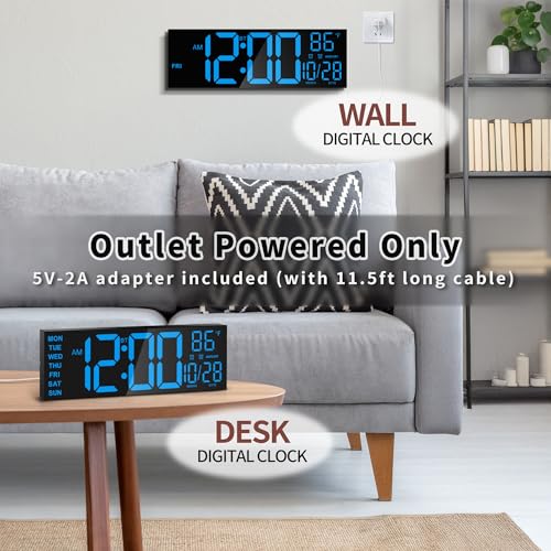 16.5" Digital Wall Clock with Bluetooth Auto-Sync, Large LED Display, Smart Auto Dimming, DST, Remote Control, Night Light, Date & Temperature for Living Room,Black - color: Balck-blue