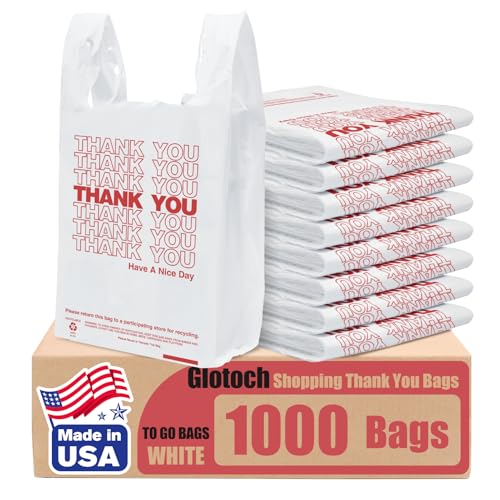 Glotoch Plastic Thank You Shopping Bags with Handles White 1000 Count | 11.5" x 6.5" x 21" Grocery Bags for Restaurant, Retail, Takeout, Convenience Stores, T-shirt Bag in Bulk for Small Business - color: White, size: 1000 Count