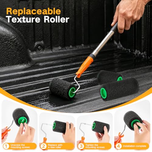 Truck Bed Liner Roller Kit, 8PCS Roll on Bed Liner Kit | Includes 6 and 4 Inch Texture Bedliner Rollers, Roller Frame, Extension Pole, Brush, Tray, for Textured Bed Liner Coating