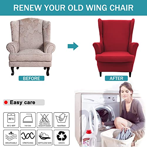 NILUOH Wingback Chair Cover 2-Piece Soft Stretch Wing Chair Slipcover Solid Color Armchair Sofa Couch Cover Furniture Protector with Elastic Bottom for Living Room Bedroom (Red) - color: Red