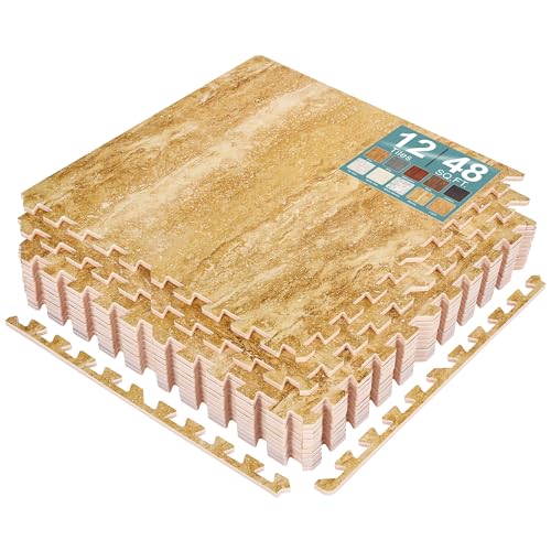 Sorbus 48 Sq. Ft. Wood Grain Floor Tiles Foam Mat EVA Interlocking Mats Tile 3/8-Inch Thick Flooring Wood Puzzle Exercise Mats w/Borders - Home Playroom Basement, Apartment, Trade Show, Baby, Dance - color: Marble, size: 12 Pack