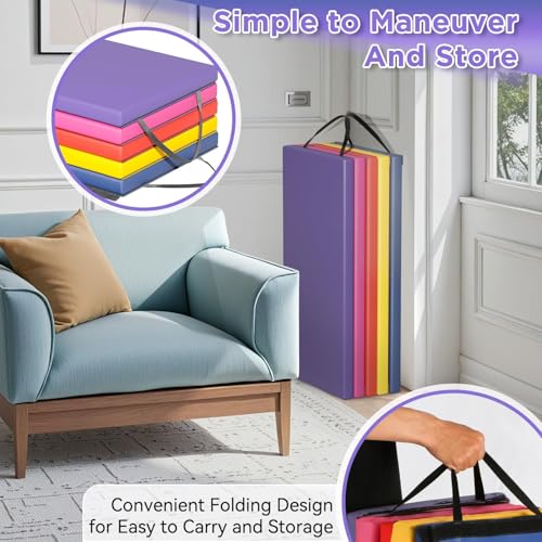 BLKMTY Gymnastics Mats - 2'x6' Folding Exercise & Yoga Mat with Carrying Handles for Kids' Tumbling & Home Gym - color: Colorful