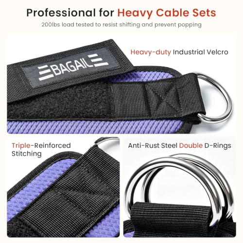 BAGAIL Ankle Straps for Cable Machines (2 Pack), Double D-Ring Ankle Cuffs with Extra Thick Padding, Adjustable Fit for Women & Men Glute Kickbacks, Hip Abductors & Leg Curls, Includes Mesh Bag - color: Purple