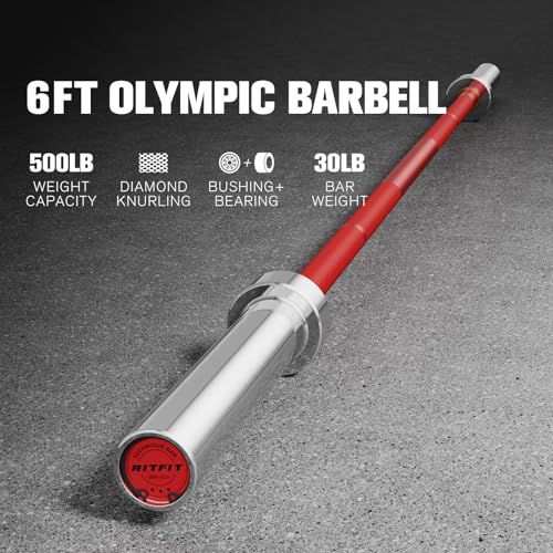 RITFIT Olympic Barbell 4ft/6ft - 2 Inch Weight Bar for Strength Training, Weightlifting, Squat, Deadlift, Bench Press, Curl, Overhead Press - 350lbs/500lbs Capacity - color: Silver/Red, size: 6FT without Collar